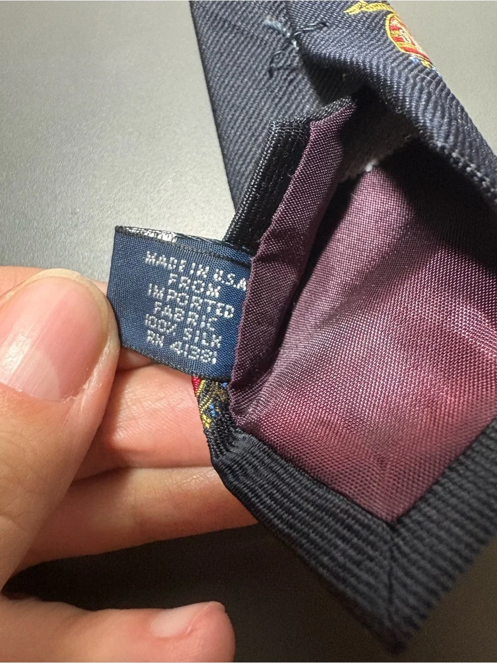 POLO RALPH LAUREN Navy Silk Tie with Gold and Red Crest Motif